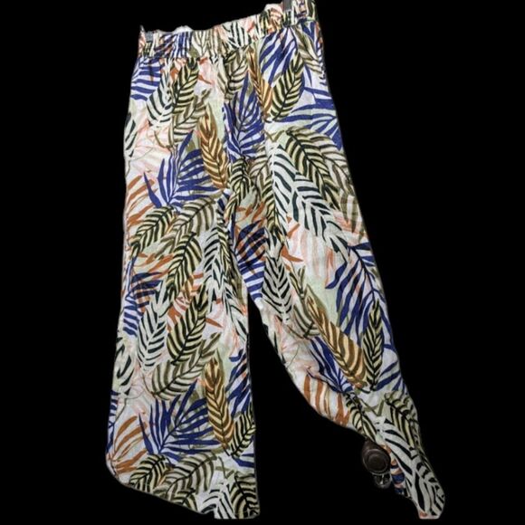 TAHARI 100% Linen Tropical Print Wide Leg Elastic Waist Palazzo Pants size L - Picture 1 of 9